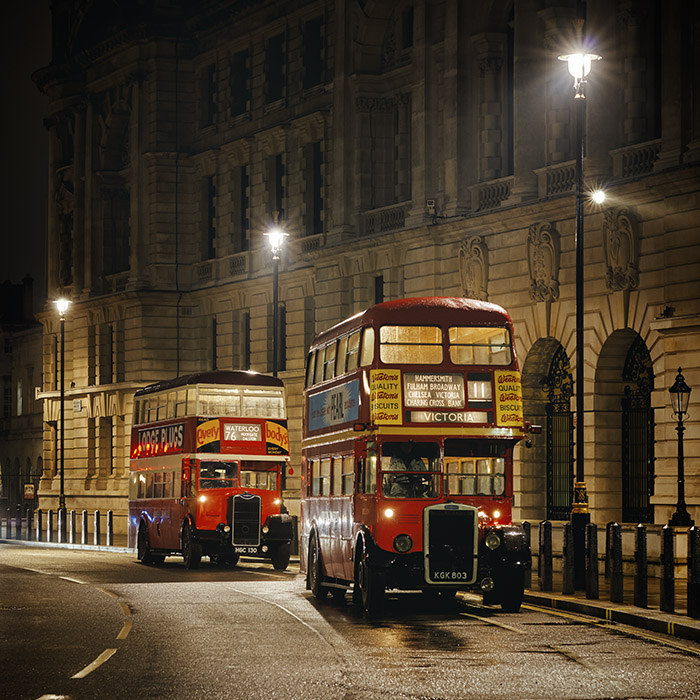Vintage London Buses photographed at night