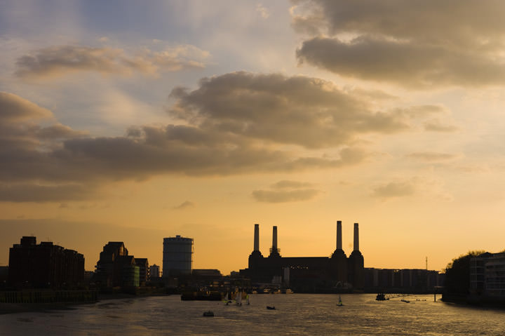 Battersea Power Station from Vauxhall under yellow sky at dusk