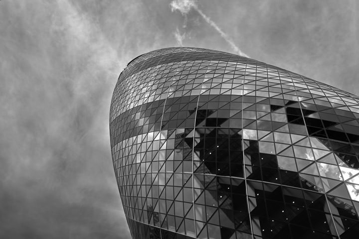  Black and white photo of the Gherkin building in London
