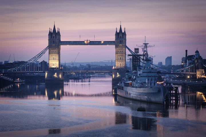 HMS Belfast and Tower Bridge on a beautiful dawn morning