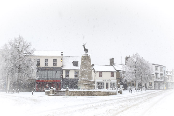 Parliament Square Hertford during a snowstorm