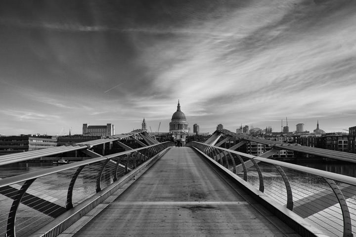St Pauls Cathedral from Millennium Bridge  in black and white