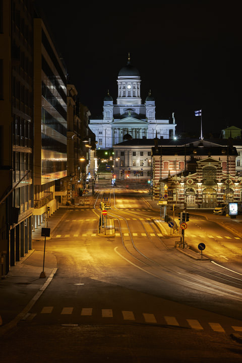 Vertical photograph of Streets of Helsinki at night 5
