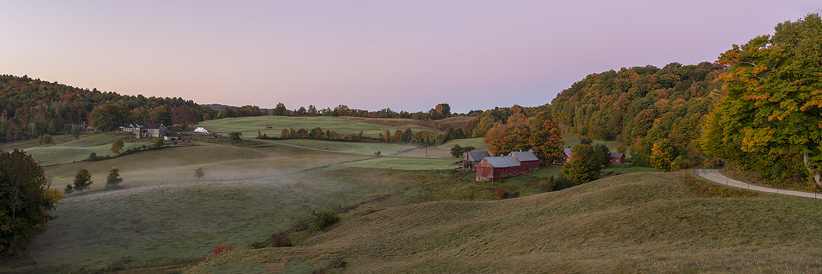 Vermont panorama of fields and barns near Woodstock in the fall