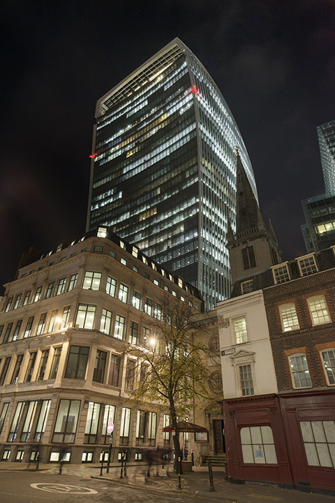 The Walkie Talkie Building at 20 Fenchurch Street at night.